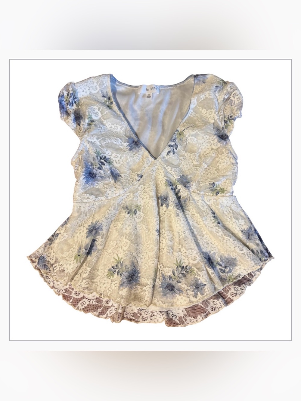 La Peche Blue Floral Lace Peplum Blouse Women's Medium V-Neck Short Sleeve Top